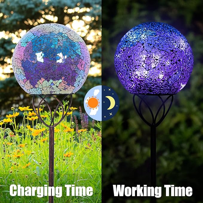 VCUTEKA Solar Lights Outdoor Garden Decor Mosaic Solar Garden Lights Waterproof Glass Ball LED Pathway Stake Light for Landscape Lawn Patio Yard Decoration Purple 6 inch