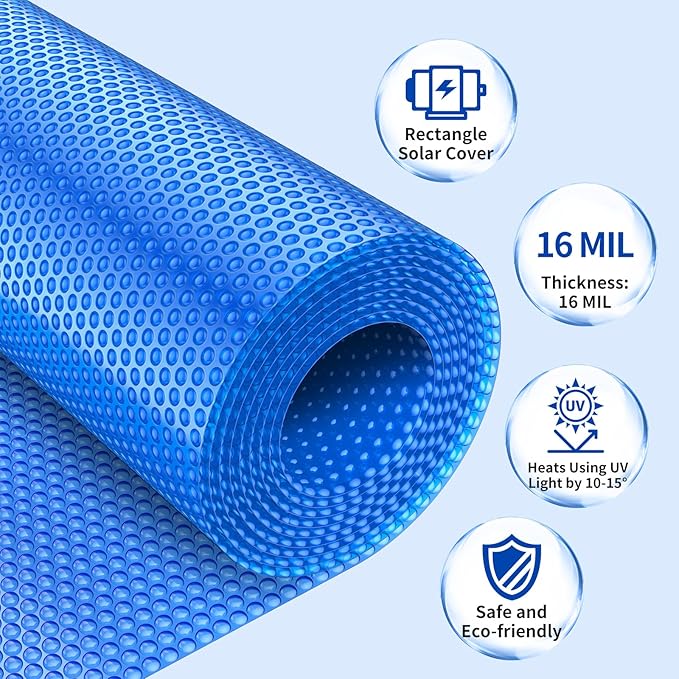 BigXwell Solar Pool Cover, Blue 16-mil 6 x 12 Foot Square Pool Heaters for Above-Ground and In-Ground Pools, 1600 Series Heavy-Duty Insulating Pool Heater Cover for Swimmer