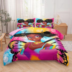 Tailor Shop Fantasy Black Girl Comforter Set Rainbow Butterfly King Size Bedding Sets for Girls Kids Kawaii Magic African American Black Girl Bedding Set with 2 Pillowcase Girls Room Decor