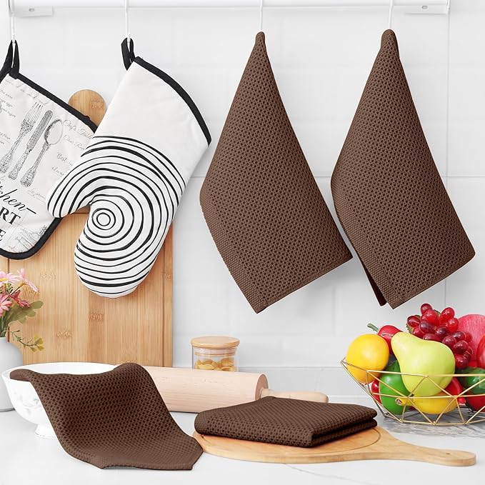 Homaxy 100% Cotton Waffle Weave Kitchen Dish Cloths 8-Pack, Coffee | 12 x 12 Inches, Ultra Soft Absorbent Dish Towels, Quick Drying Dish Rags with Hanging Loop