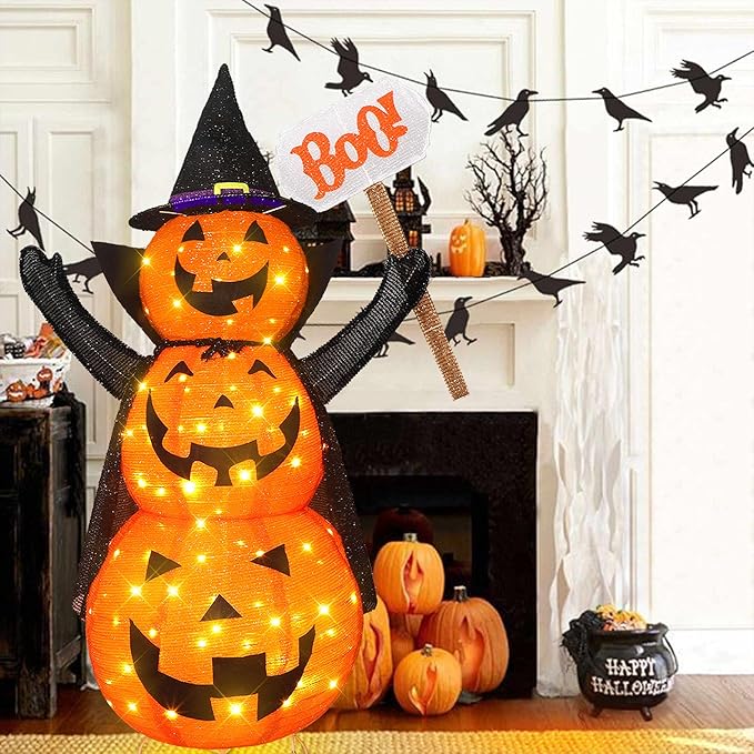 Halloween Decoration 4.3FT Retractable Jack-O-Lantern, 100 LED Collapsible Pumpkin Lantern with Black Star Hat, Plug in Halloween Lights with Stand for Indoor Outdoor Lawn Backyard Garden Decor