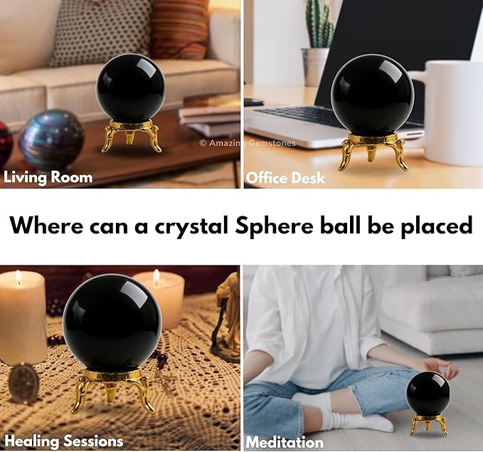 Amazing Gemstone Black Obsidian Crystal Ball with Stand - 2" Inches Crystal Sphere Meditation Balls for Witchcraft and Decorative Balls
