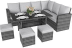 IDEALHOUSE 7 Pieces Outdoor Dining Set,Patio Sectional Sofa Conversation Set All Weather Wicker Rattan Couch Dining Table & Chair with Ottoman Grey