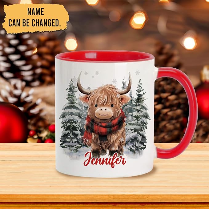 Hyturtle Personalized Winter Highland Cow Coffee Mug for Christmas Birthday | Highland Cow Lovers Gift Ideas for Women Men - 11oz Two Tone Color Red/White Ceramic Tea Mug Cup, Comfort grip handle