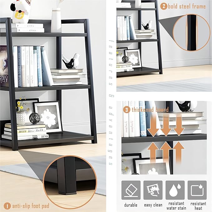 IOTXY 3 Tier Open Bookshelf - Steel and Wood Display Stand, 50CM Width Floor-Standing Bookcase, White