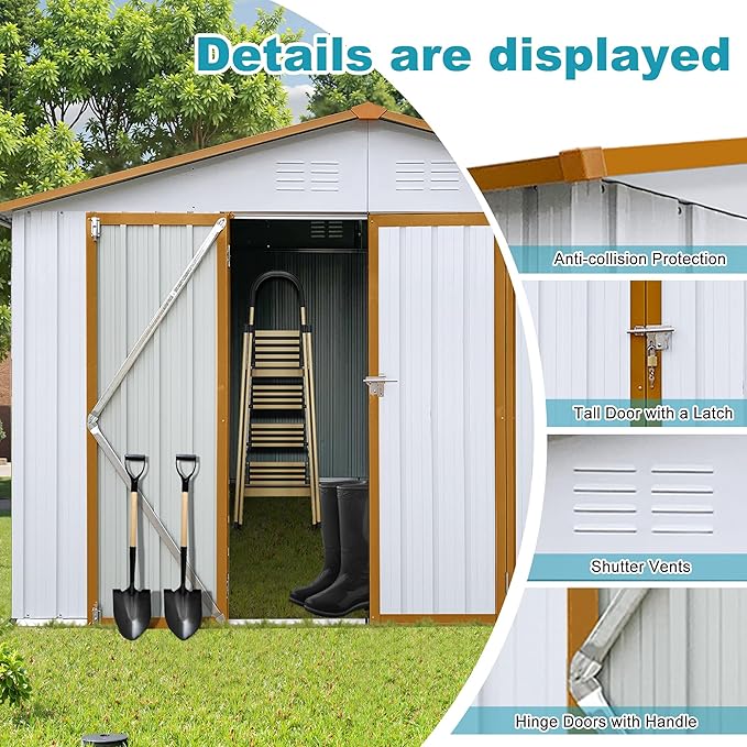 Sheds & Outdoor Storage 12 ft × 10 ft Storage Shed Large Classic Apex Roof Metal Garden Storage Sheds with Hinged Door Tool Cabinet for Backyard, Patio, Poolside, White + Yellow