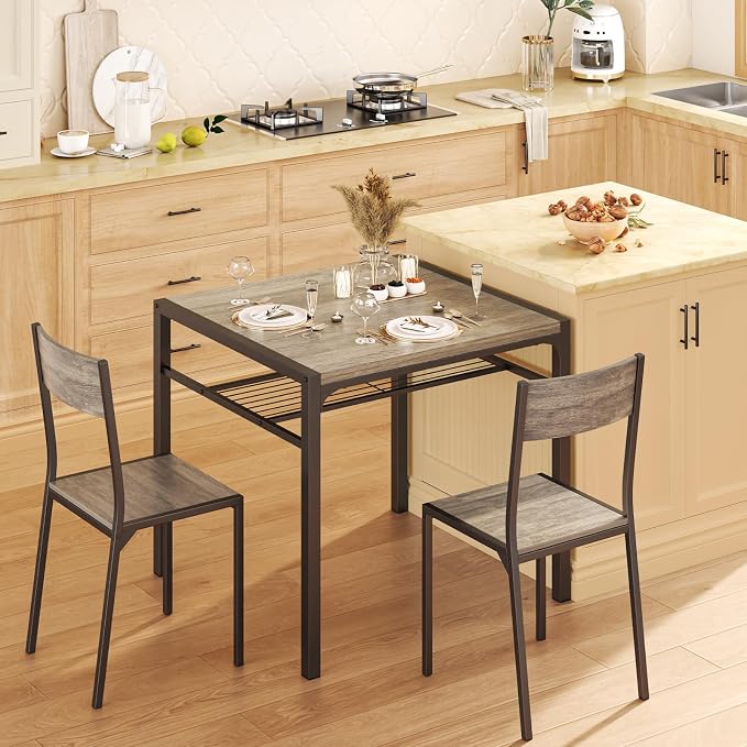 Gizoon 3-Piece Dining Table Set for 2, Small Kitchen Table & Chairs Grey | Compact grey 2-person dining set perfect for apartments. Features under-table storage rack and 2 chairs that tuck away.