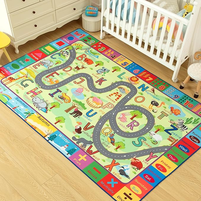 Terrug Kids Rugs for Playroom, Educational Classroom Rug for Kids Room, Washable Nursery Rug Carpet Non Slip Playroom Rug Play Mat for Learning ABC Rug, Numbers, Animal, Colors, Season, 3X5 Feet