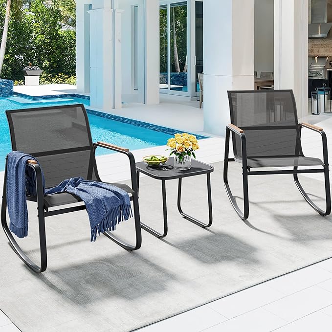 YITAHOME 3 Piece Rocking Bistro Set, Outdoor Patio Furniture Set with Wooden Armrests, Porch Chairs Set with Glass Table for Lawn, Garden, Balcony, Poolside, Dark Gray