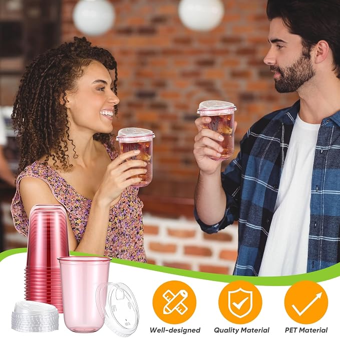Ziliny 50 Sets Clear Plastic Coffee Cups with Sip Lids, Disposable Plastic PET Crystal Cups for Iced Coffee, Smoothie, Cold Beverage, Drink Shops and Party Catering (Pink,16 oz)