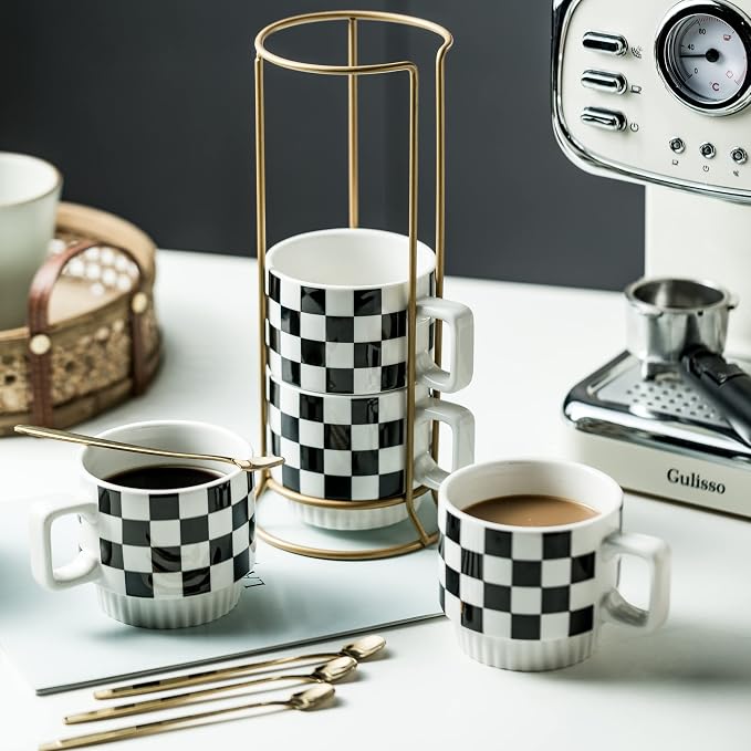 Miamolo Stackable Coffee Mug Set of 4 with Rack and Spoons, Space-saving | 11 oz, Ceramic | Checkered Black and White Pattern | for Coffee Tea Cocoa Milk, Housewarming Gift | Dishwasher Microwave Safe