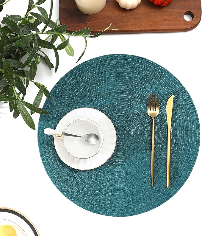 SHACOS Round Placemats Set of 4 Woven Braided Table Placemats 15 inch Circle Place Mats Washable Non Slip Table Mats for Home Wedding Party, Teal Green