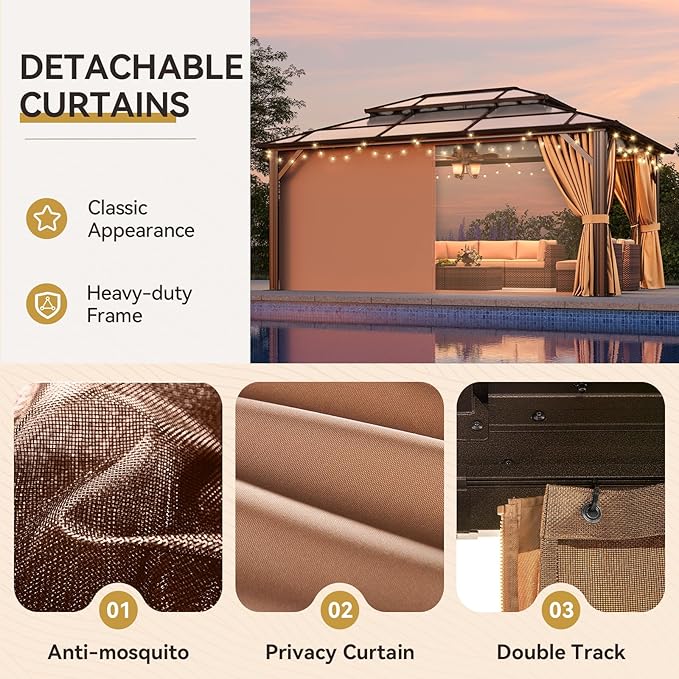 Aoxun 12'x16' Hardtop Gazebo, Aluminum Frame Permanent Pavilion with Netting and Curtains, Outdoor Polycarbonate Double Roof Canopy, Designed for Lawn, Garden, Patio (Brown)