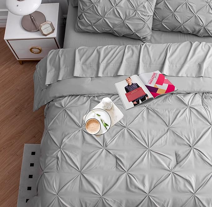 LANE LINEN Twin Comforter Set with Sheets, 5 Piece Twin Bed in a Bag Set, Pintuck Twin Bedding Sets, Ultra Soft Twin Bed Set, Fluffy Comforter, Twin Size Comforter Set with Pillowcases & Shams-Silver
