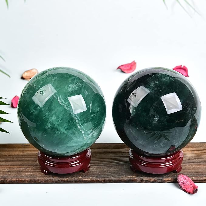 JIC Gem Large Healing Crystal Ball, Green Fluorite Crystal Sphere with Stand Crystal Decorative Ball Home Decoration (100-110mm)