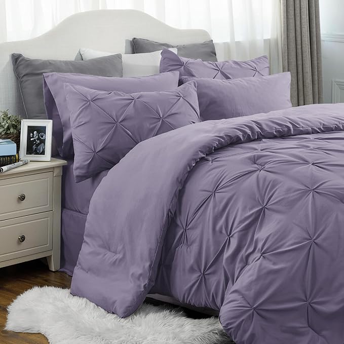 Bedsure Grayish Purple King Size Comforter Set - Bedding Set King 7 Pieces, Pintuck Bed in a Bag Green Bed Set with Comforter, Sheets, Pillowcases & Shams