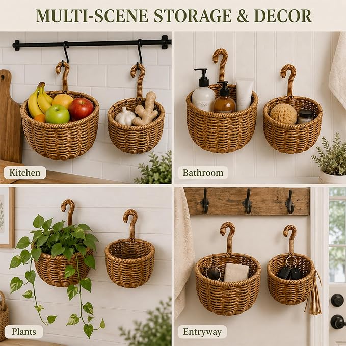 2 Pack Hanging Wall Storage Basket, Woven Rattan Organizer，COFFEE BROWN | Rustic Hand woven wall organizer with hook for kitchen, bathroom and entryway storage, Space-saving decor for modern homes