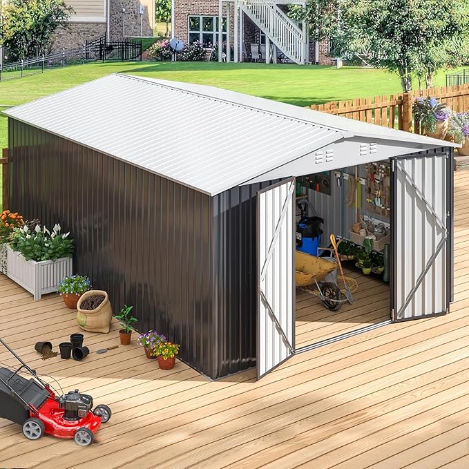 Polar Aurora 10x14 Outdoor Storage Shed, Garden Shed with Updated Frame Structure and Lockable Doors, Metal Tool Sheds for Backyard Garden Patio Lawn, White