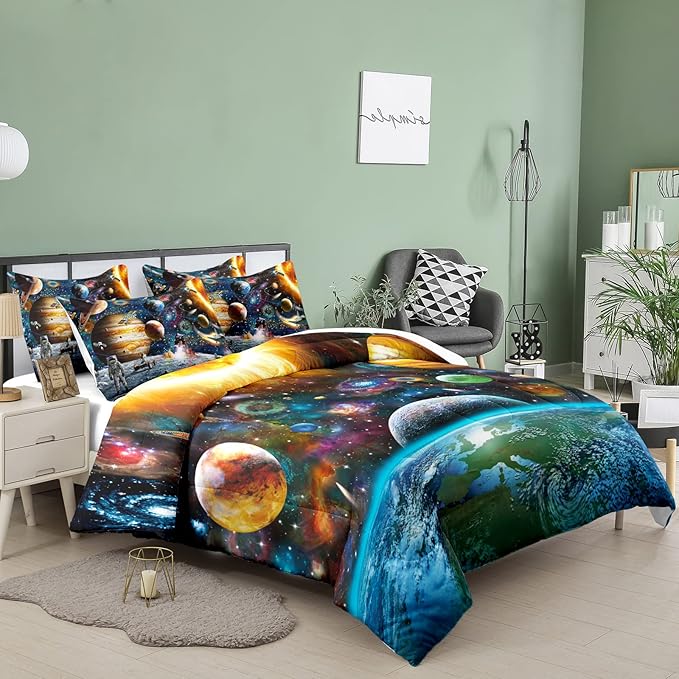 Tailor Shop Universe Galaxy Comforter Set for Girls Boys Kids Galaxy The Planet The Earth Astronaut Stars Outer Space Bedding Set Full Size with 1 Comforter 2 Pillowcases,18………