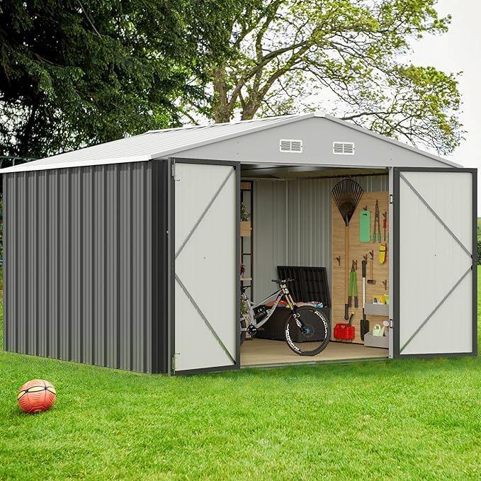 GUNJI 10 x 8 FT Shed Outdoor Storage Shed Metal Garden Shed with Lockable Door Outside Waterproof Tool Shed for Backyard, Patio, Lawn (Gray)