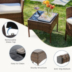 DUMOS Set 3 Pieces Outdoor Furniture with Soft Cushion and Glass Table, All Weather Manual Weaving Wicker Rattan Patio Chairs for Garden, Terrace, Porch, Lawns, Brown