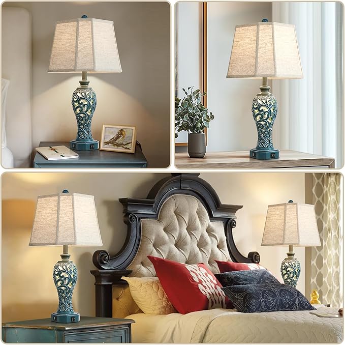25'' Farmhouse Table Lamps Set of 2 for Living Room Bedroom, 2 USB Ports Coastal Vintage Table Lamp with Nightlight, Blue Green Hollow Out Resin Lamp for End Table (Bulbs Included)