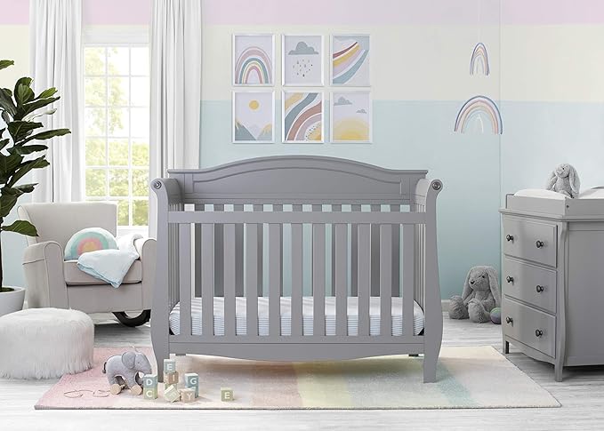 Delta Children Lancaster 4-in-1 Convertible Baby Crib, Grey + Serta Perfect Slumber Dual Sided Recycled Fiber Core Crib and Toddler Mattress (Bundle)