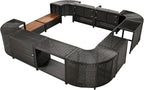 Outdoor Patio Furniture Set Spa Surround Quadrilateral Sofa with Wood Seatings, Rattan Sectional Couch w/Storage Space and Waterproof Cushions, for Yard Pool Backyard, Grey