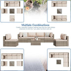Shintenchi 7 Pieces Outdoor Patio Sectional Sofa Couch,Natural PE Wicker Furniture Conversation Sets with Washable Cushions & Glass Coffee Table for Garden, Poolside, Backyard (Khaki)