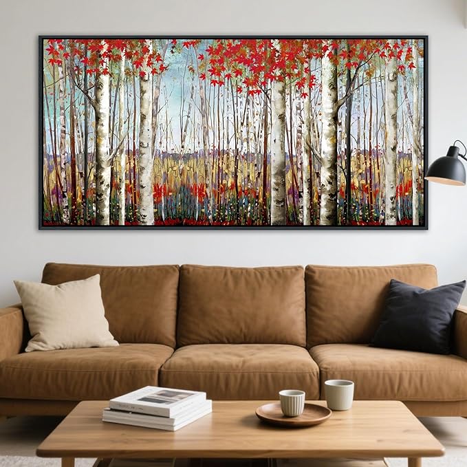 Mofutinpo Large Framed Wall Decor canvas Red Leaves White Birch Tree Wall Art For Living Room bedroom rustic kitchen Modern painting Artwork 29x58 Large Size Black Framed
