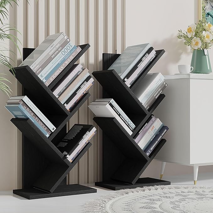 YMYNY 4 Tier Tree Bookshelf, Small Bookcase, Modern Wood Book Storage Rack, Freestanding Book shelf for Books/Movies/CDs, Narrow Display Rack for Living Room, Home Office, Black UHBC014B