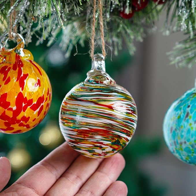 Set of 6 Hand Blown Glass Christmas Ornaments Hanging Gazing Ball Witches Ball Christmas Decor for Garden Patio Window Xmas Tree