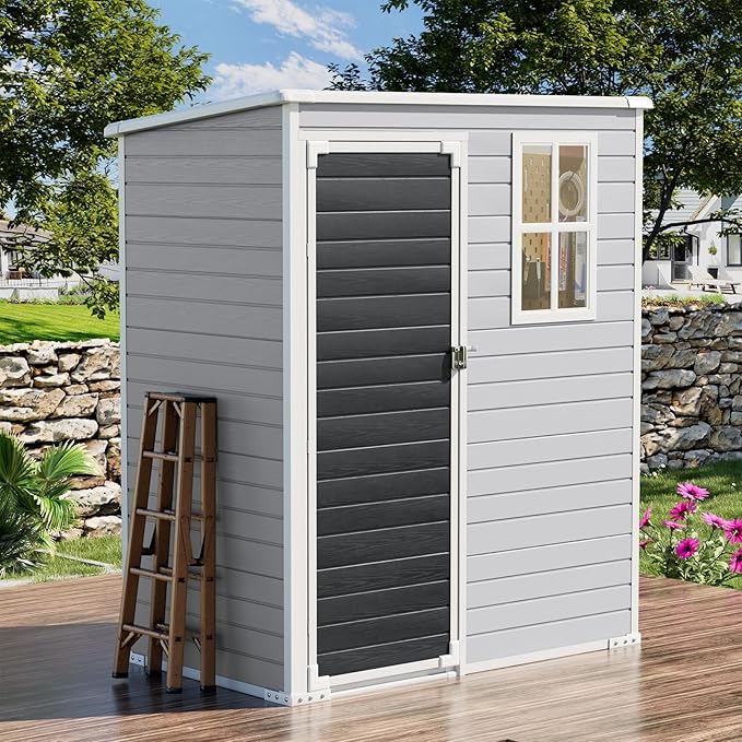 5x3 FT Outdoor Storage Shed, Waterproof Thicker Small Resin Shed with Floor & Lockable Door & Window & Vents, Plastic Tool Shed for Backyard, Patio, Poolside, Outside, Dove Grey