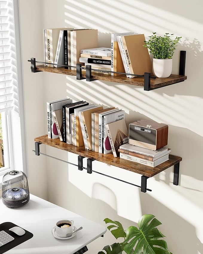 Deep Floating Shelves for Wall, 12 inch Wall Mounted Shelves Set of 2, Wide Floating Shelves for Living Room, Bedroom, Study, Bathroom, Rustic Brown and Black TBJ02P2BF