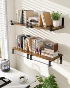 Deep Floating Shelves for Wall, 12 inch Wall Mounted Shelves Set of 2, Wide Floating Shelves for Living Room, Bedroom, Study, Bathroom, Rustic Brown and Black TBJ02P2BF