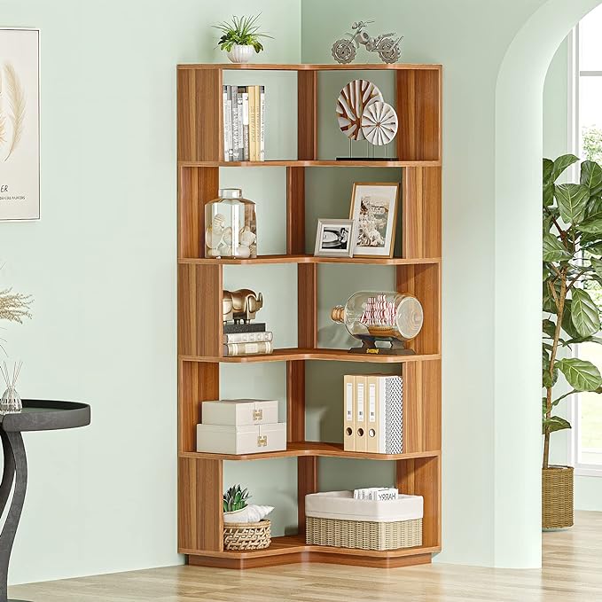 6-Shelf Corner Bookshelf, 65” Tall L Shaped Bookcase, 6-Tier Industrial Corner Shelf Storage Display Rack for Living Room Home Office, Wood Grain Walnut