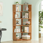 6-Shelf Corner Bookshelf, 65” Tall L Shaped Bookcase, 6-Tier Industrial Corner Shelf Storage Display Rack for Living Room Home Office, Wood Grain Walnut