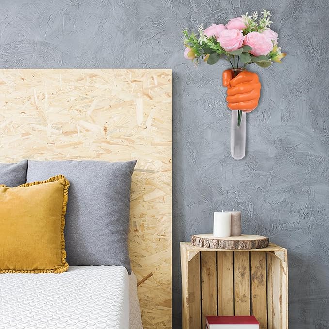 Orange Wall Sculptures, Hand Vases Home Decor, Wall Mount Art Sculpture, Unique Wall Art Statue, Funky Flower Vase Decorations, Modern Eclectic Hanging Decor,Glass Test Tube Vase (Orange)