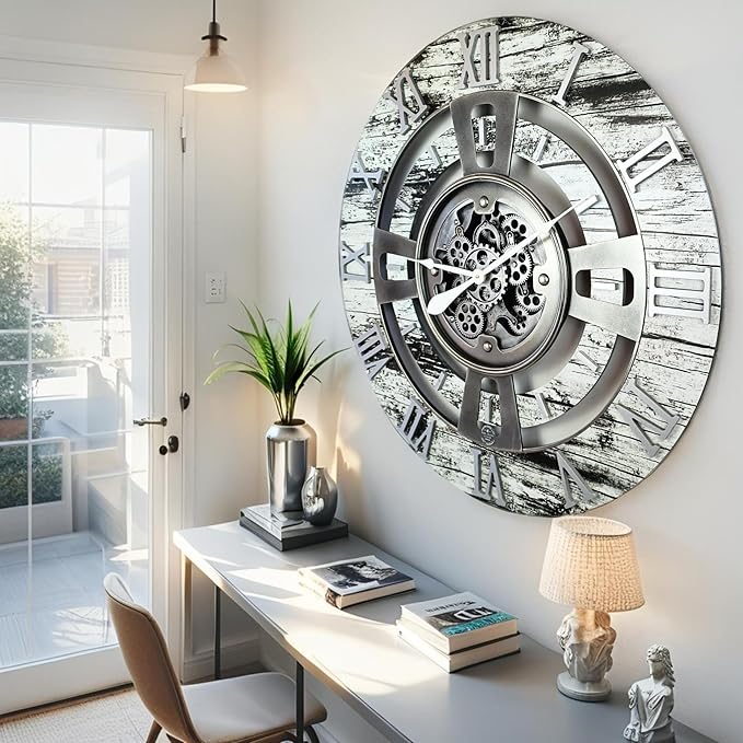 The Gears Clock 24'' Inch Real Moving Gear Wall Clock England Line (Grey & White, 24 inches (60 cm))