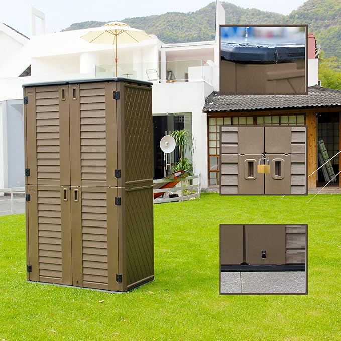 ADDOK Outdoor Storage Sheds Waterproof,Resin Outdoor Storage Cabinet Lockable, Double-Layer Storage Shed for Patios/Generator/Long-Handled Tools