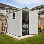 Devoko 4x6 FT Outdoor Storage Plastic Shed, Waterproof Resin Garden Shed with Lockable Door, Floor & Window, All-Weather Tool Shed for Backyard, Patio, Lawn, Poolside