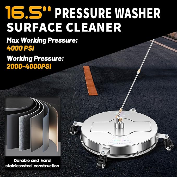 16.5" Pressure Washer Surface Cleaner with 4 Wheels - Stainless Steel Surface Cleaner for Pressure Washer Attachment for Concrete, Driveway, Patio, Sidewalk, Deck and Daily Washing - PWS16.5