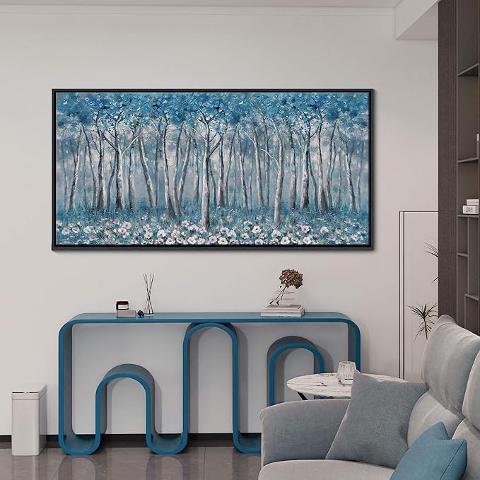 DUNHUANG ART Blue Tree Canvas Wall Art - Large Size Teal Abstract Painting for Home Office Living Room Bedroom Bathroom - Black Framed - Wall Decor Living Room 20"x40"
