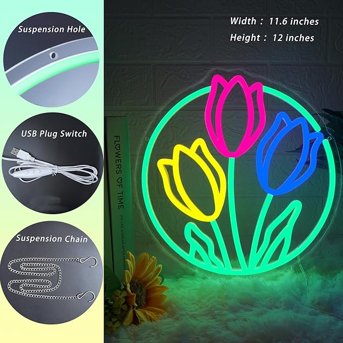 Tulip Neon Sign Flower Neon Lights for Wall Decor Vibrant Flower Shaped Light-up Sign for Girls Bedroom Teen Room living Room Dormitory shop Perfect Valentines Mothers Day Birthday Gift