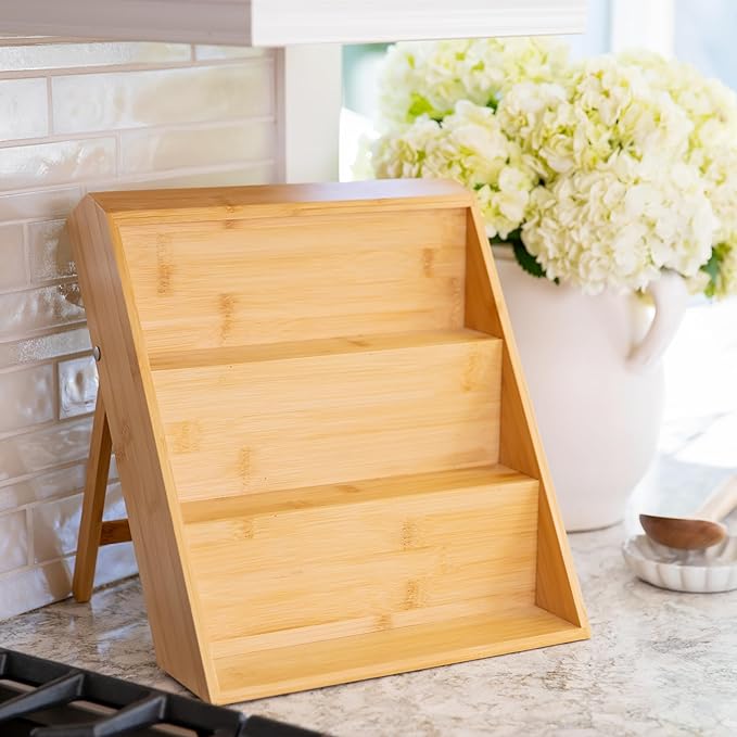 Extra Sturdy 3-Tier Bamboo Spice Rack – 12" W x 10" D x 13" H – Foldable Non-Slip Wooden Spice Organizer for Countertop, Cabinet & Drawer – Includes Labels, Funnel & Hooks – Spice Jars NOT Included