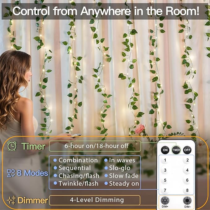 suddus 200 LED Vine with Light Plug in, 6.5ft x 6.5ft Pothos Fairy Curtain Lights with Remote, Leaf Fairy Lights for Wall,Bedroom, Dorm, Wedding, Party, Indoor Decor(Warm White)