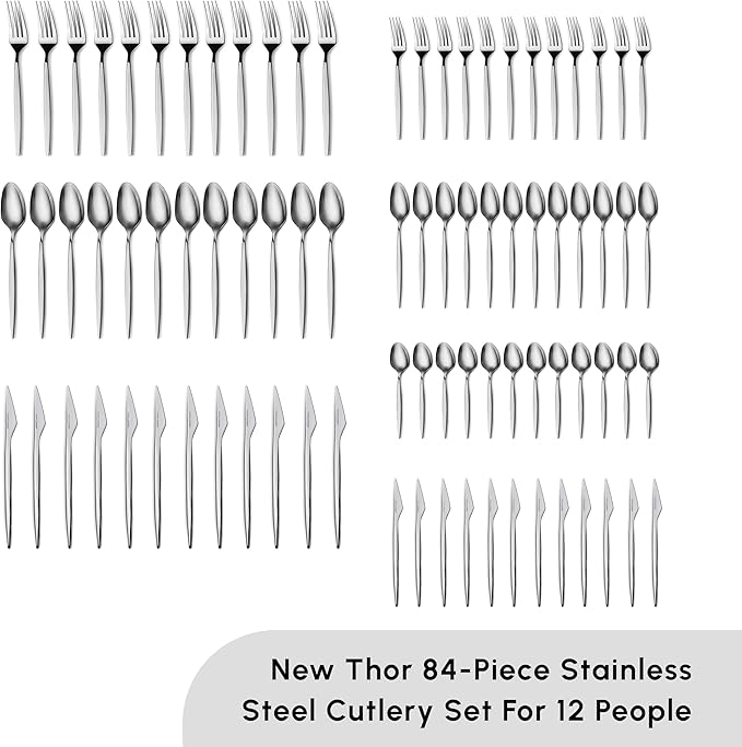 Karaca Thor 84-Piece Table Cutlery with Box, Stainless Steel in Elegant Box, Stylish and Durable Cutlery for Demanding Table Culture