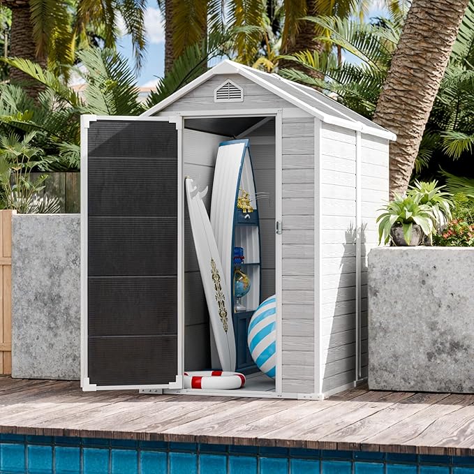 CDCASA 6x4 FT Resin Shed, Waterproof Outdoor Small Storage Shed with Floor & Lockable Door & Window & Vents, Plastic Tool Shed for Outside, Patio, Poolside, Grey