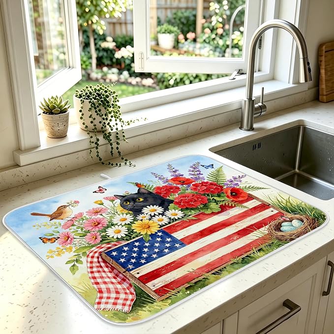 Patriotic Cats Dish Drying Mat for Kitchen Counter Coffee Bar 18x24 in | Decorative Non Slip Absorbent Kitchen Dishes Drainer Mat, with Anti-slip Rubber Backing & Hanging Loop, for Sink, Home Gift