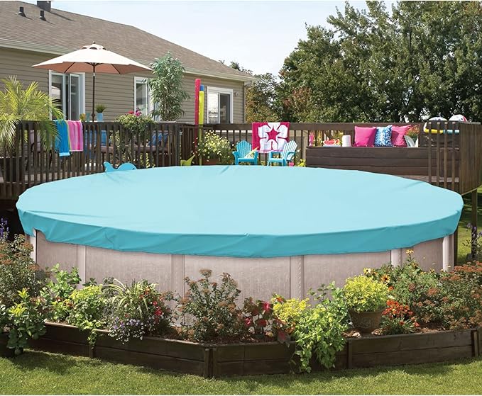 ECOOPTS 17 ft Waterproof Round Polyester Pool Cover for Above Ground Pools, Swimming Pool Cover Protector Winter Safety Cover (Turquoise)
